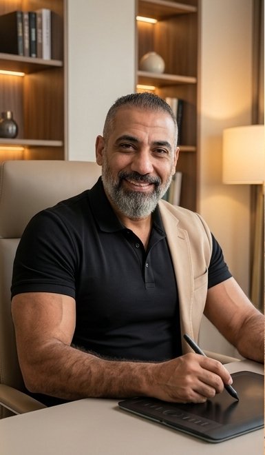 Muhammad Akef working at his desk