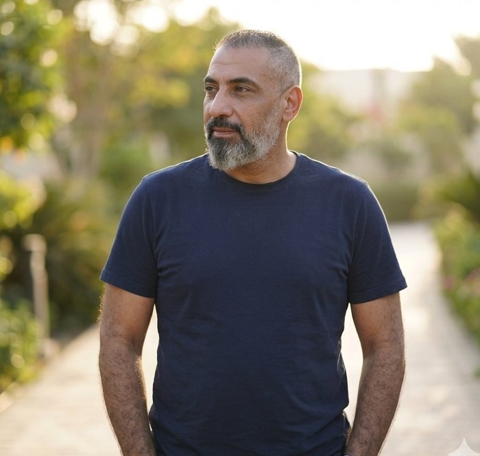 Muhammad Akef in a relaxed outdoor setting